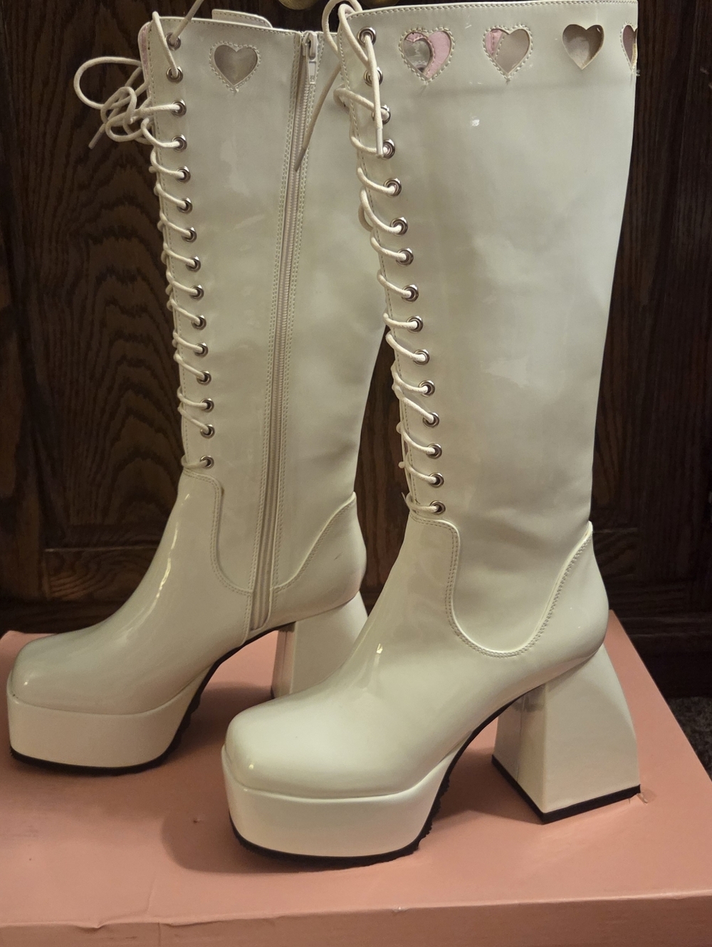 Sugar Thrillz White Patent Chunk Platform Heart Cut Out Lace-Up Boots